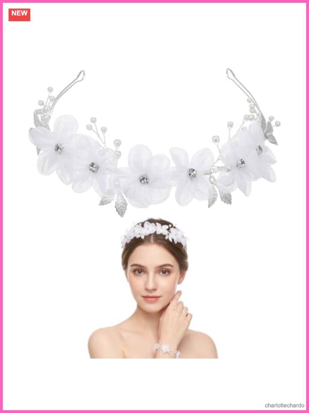 Tulle Flower Headband with Faux Pearls & Rhinestones - Wedding Hair Accessory